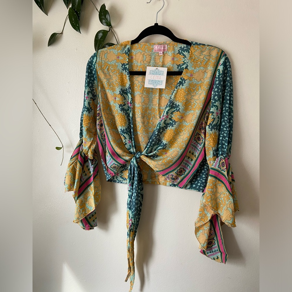 Cienna Silk Blend Boho Tie Top with Bell Sleeves L/XL